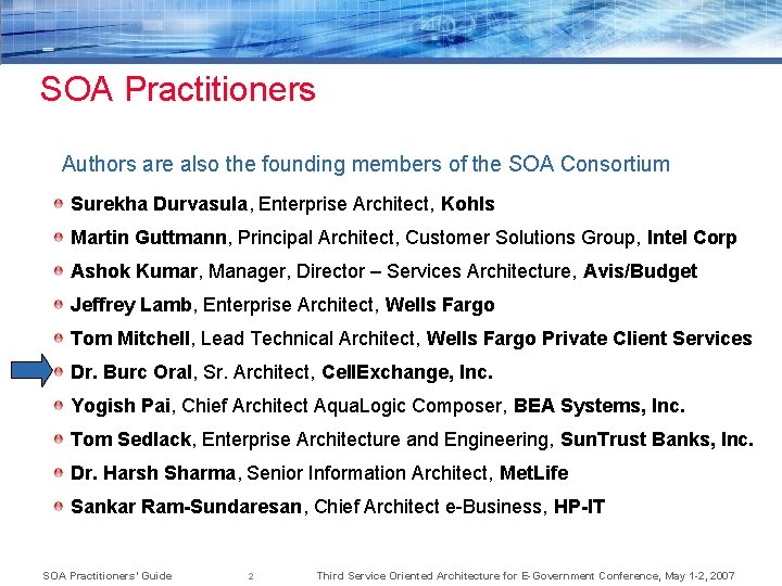 SOA Practitioners Authors are also the founding members of the SOA Consortium Surekha Durvasula,