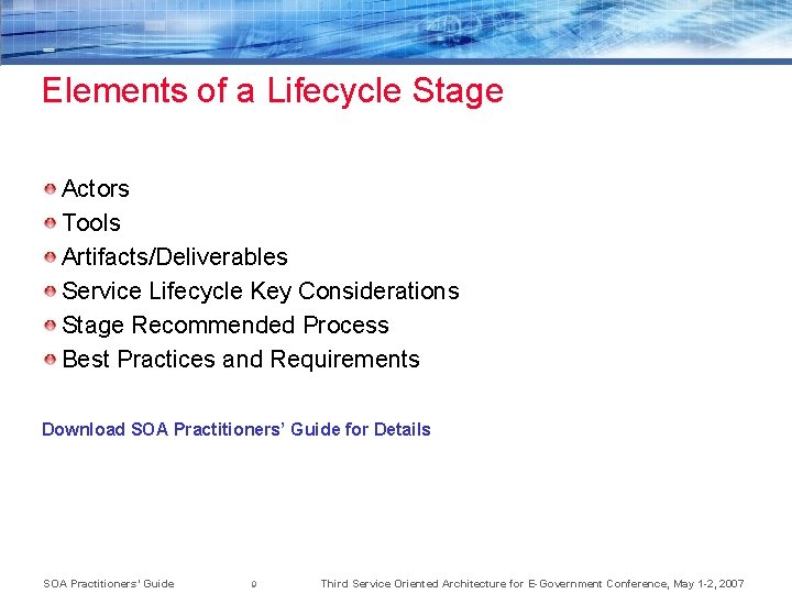 Elements of a Lifecycle Stage Actors Tools Artifacts/Deliverables Service Lifecycle Key Considerations Stage Recommended
