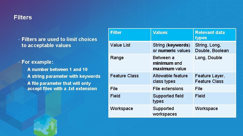 Filters • • Filters are used to limit choices to acceptable values For example: