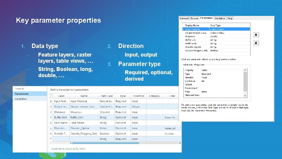 Key parameter properties Data type 1. - Feature layers, raster layers, table views, …