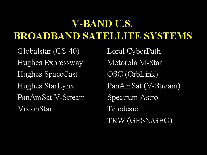 V-BAND U. S. BROADBAND SATELLITE SYSTEMS Globalstar (GS-40) Hughes Expressway Hughes Space. Cast Hughes