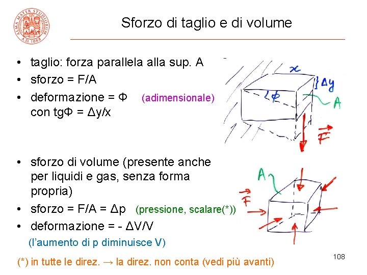 Sforzo di taglio e di volume • taglio: forza parallela alla sup. A •