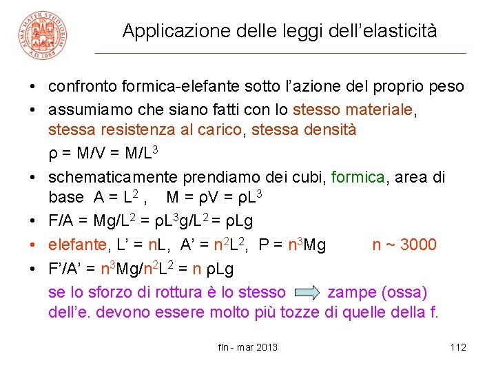 Applicazione delle leggi dell’elasticità • confronto formica-elefante sotto l’azione del proprio peso • assumiamo