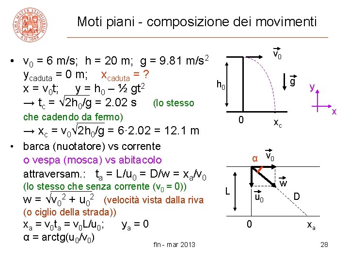 Moti piani - composizione dei movimenti • v 0 = 6 m/s; h =