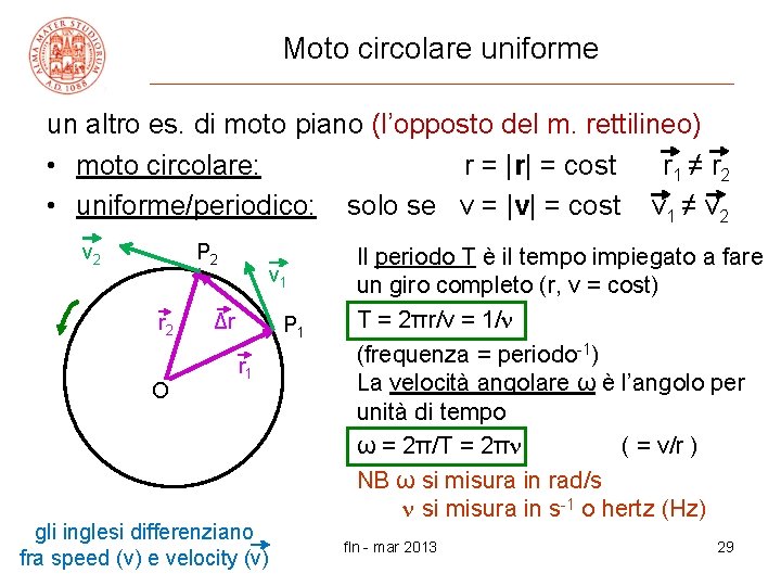 Moto circolare uniforme un altro es. di moto piano (l’opposto del m. rettilineo) •