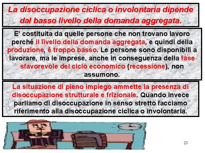 La disoccupazione ciclica o involontaria dipende dal basso livello della domanda aggregata. E’ costituita