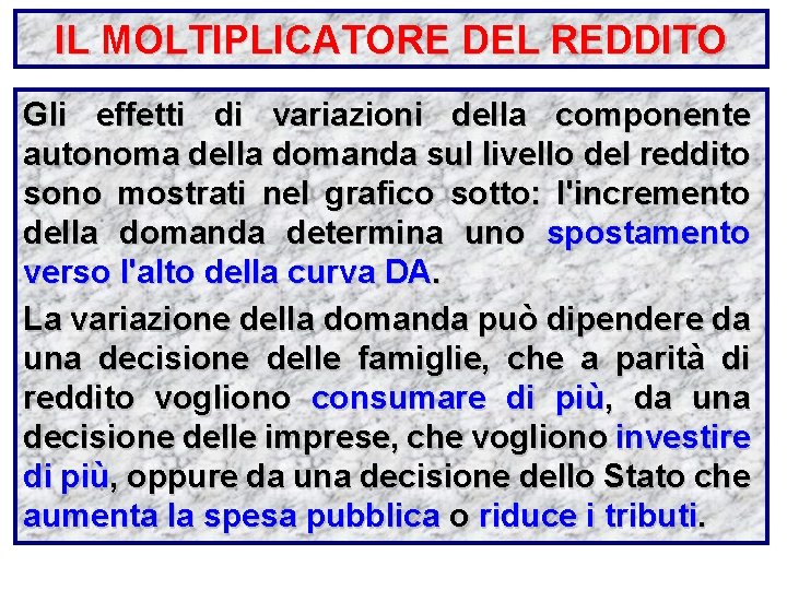 IL MOLTIPLICATORE DEL REDDITO Gli effetti di variazioni della componente autonoma della domanda sul