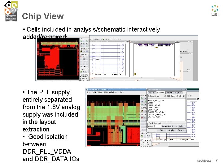 Chip View • Cells included in analysis/schematic interactively added/removed. • The PLL supply, entirely