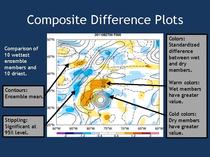 Composite Difference Plots Comparison of 10 wettest ensemble members and 10 driest. Contours: Ensemble