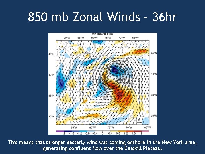 850 mb Zonal Winds – 36 hr This means that stronger easterly wind was
