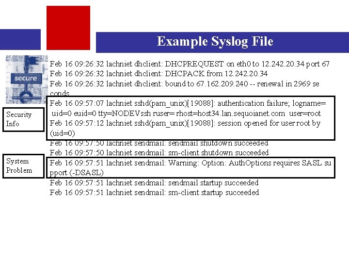 Example Syslog File Security Info System Problem Feb 16 09: 26: 32 lachniet dhclient:
