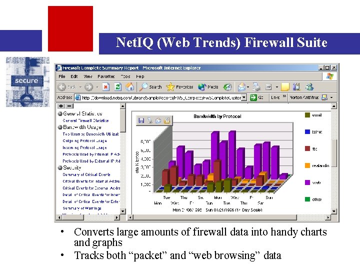Net. IQ (Web Trends) Firewall Suite • Converts large amounts of firewall data into