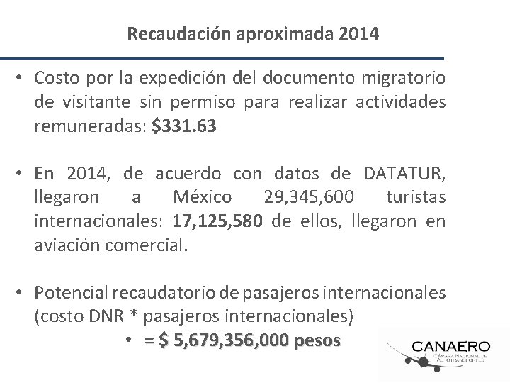 Recaudación aproximada 2014 • Costo por la expedición del documento migratorio de visitante sin