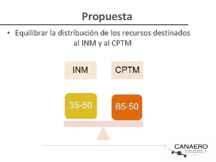 Propuesta • Equilibrar la distribución de los recursos destinados al INM y al CPTM