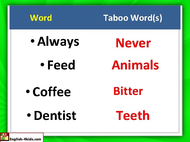 Word Taboo Word(s) • Always Never • Feed Animals • Coffee Bitter • Dentist