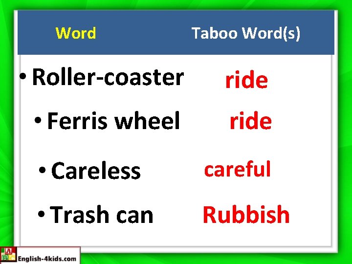 Word Taboo Word(s) • Roller-coaster ride • Ferris wheel ride • Careless careful •