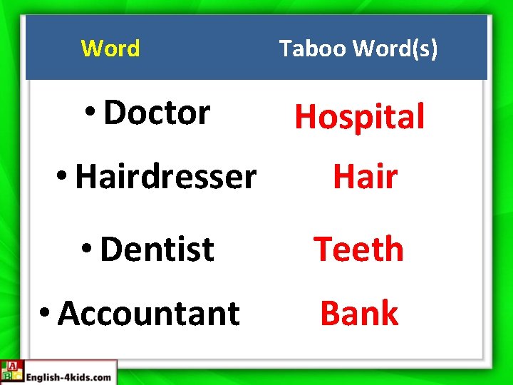 Word Taboo Word(s) • Doctor Hospital • Hairdresser Hair • Dentist Teeth • Accountant