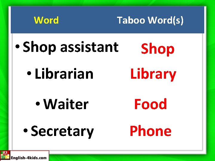 Word Taboo Word(s) • Shop assistant Shop • Librarian Library • Waiter Food •