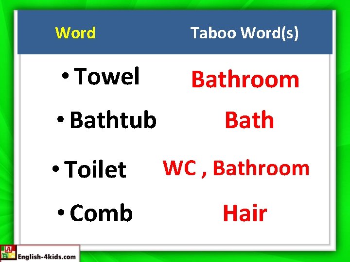 Word Taboo Word(s) • Towel Bathroom • Bathtub Bath • Toilet • Comb WC