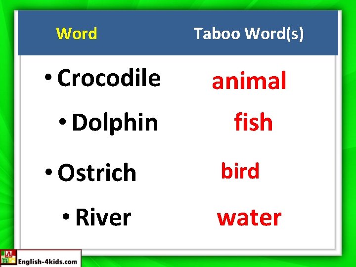 Word Taboo Word(s) • Crocodile animal • Dolphin fish • Ostrich • River bird