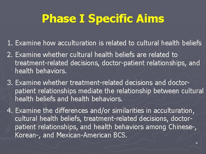 Phase I Specific Aims 1. Examine how acculturation is related to cultural health beliefs