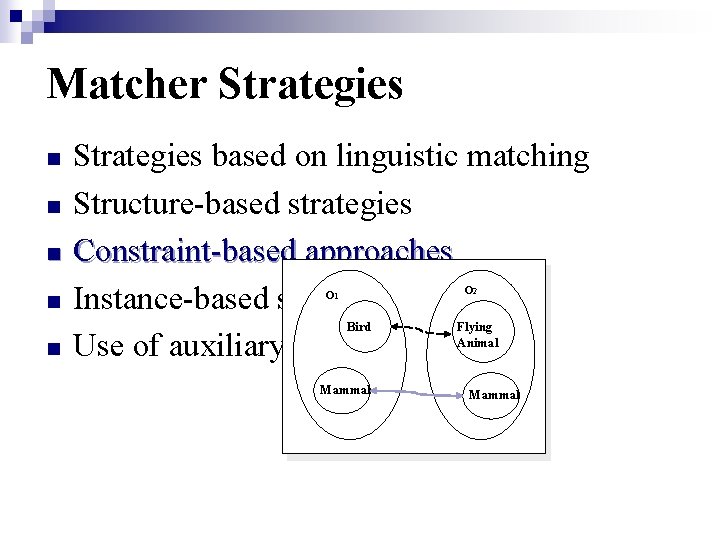 Matcher Strategies n n Strategies based on linguistic matching Structure-based strategies Constraint-based approaches Instance-based