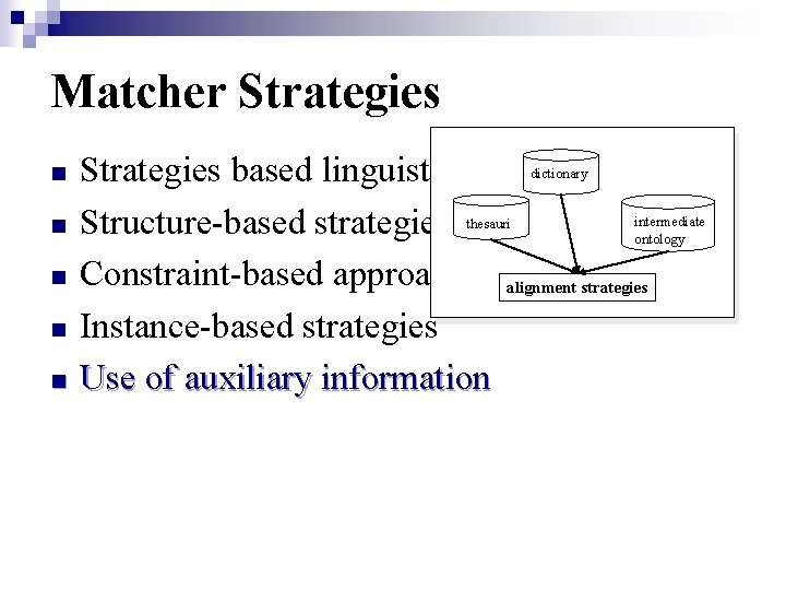 Matcher Strategies n n n Strategies based linguistic matching Structure-based strategies Constraint-based approaches alignment