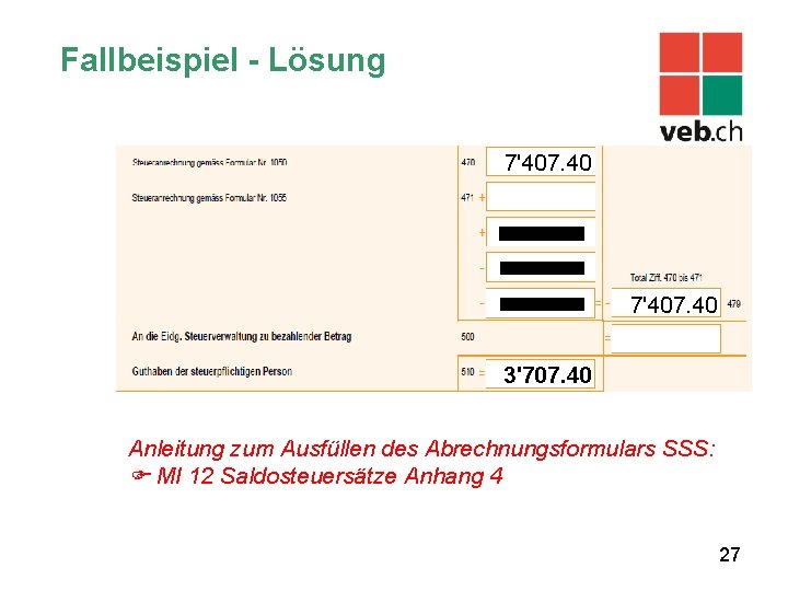 Fallbeispiel - Lösung 7'407. 40 3'707. 40 Anleitung zum Ausfüllen des Abrechnungsformulars SSS: MI