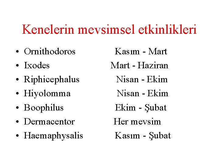 Kenelerin mevsimsel etkinlikleri • • Ornithodoros Ixodes Riphicephalus Hiyolomma Boophilus Dermacentor Haemaphysalis Kasım -