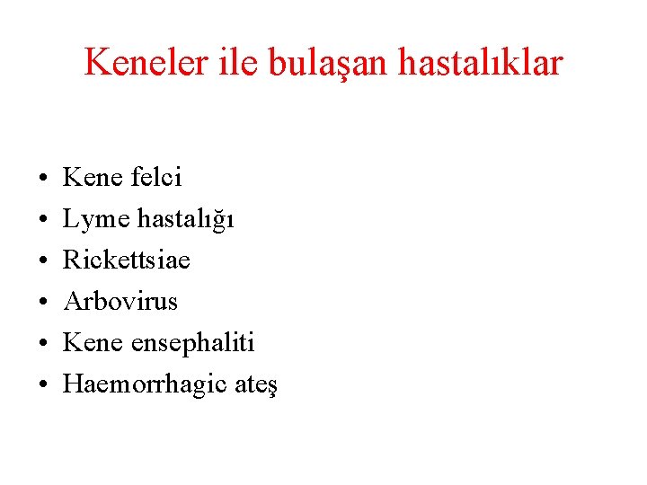 Keneler ile bulaşan hastalıklar • • • Kene felci Lyme hastalığı Rickettsiae Arbovirus Kene