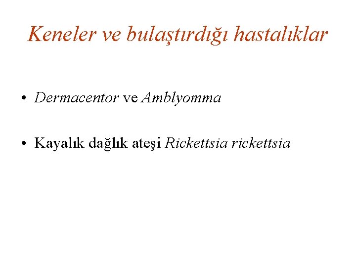 Keneler ve bulaştırdığı hastalıklar • Dermacentor ve Amblyomma • Kayalık dağlık ateşi Rickettsia rickettsia