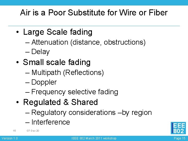 Air is a Poor Substitute for Wire or Fiber • Large Scale fading –