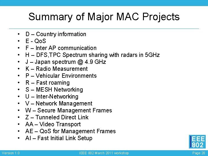 Summary of Major MAC Projects • • • • Version 1. 0 D –