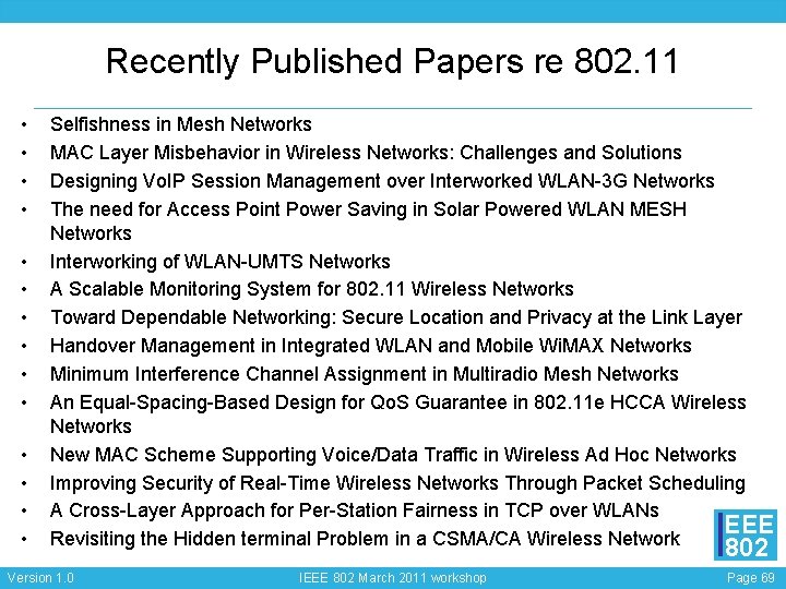 Recently Published Papers re 802. 11 • • • • Selfishness in Mesh Networks