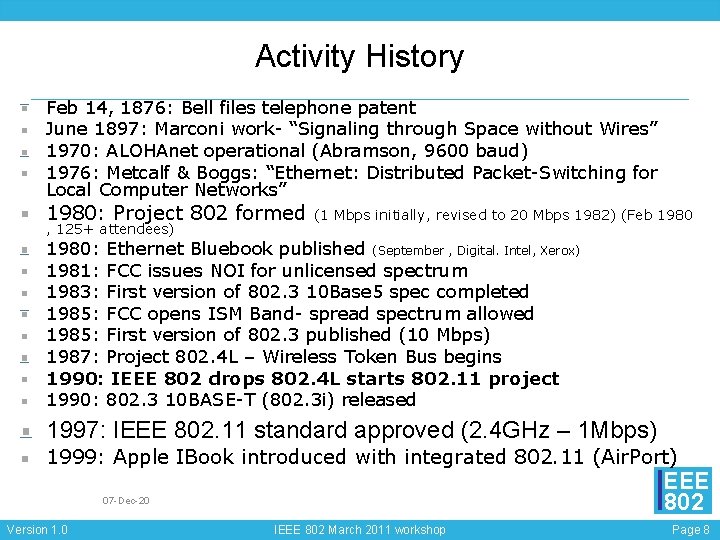 Activity History Feb 14, 1876: Bell files telephone patent June 1897: Marconi work- “Signaling