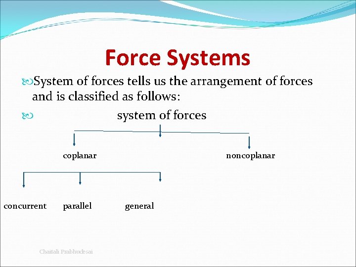 Force Systems System of forces tells us the arrangement of forces and is classified