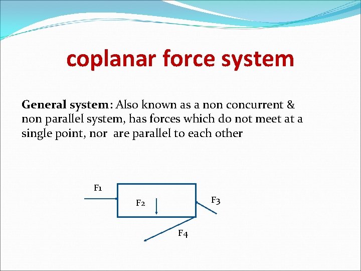 coplanar force system General system: Also known as a non concurrent & non parallel