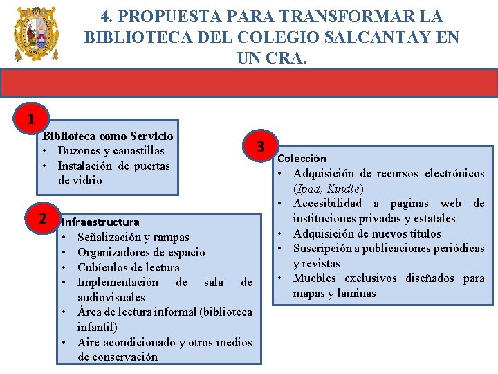 4. PROPUESTA PARA TRANSFORMAR LA BIBLIOTECA DEL COLEGIO SALCANTAY EN UN CRA. 1 Biblioteca