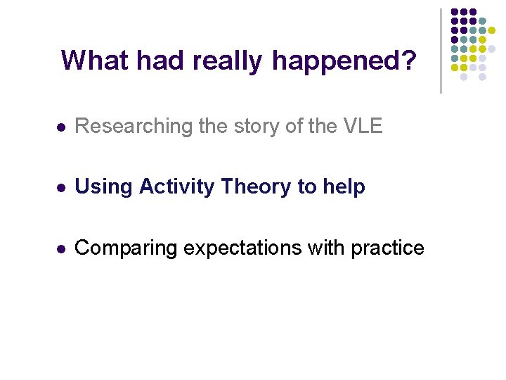 What had really happened? l Researching the story of the VLE l Using Activity