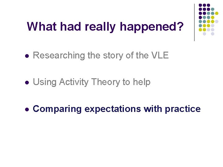 What had really happened? l Researching the story of the VLE l Using Activity