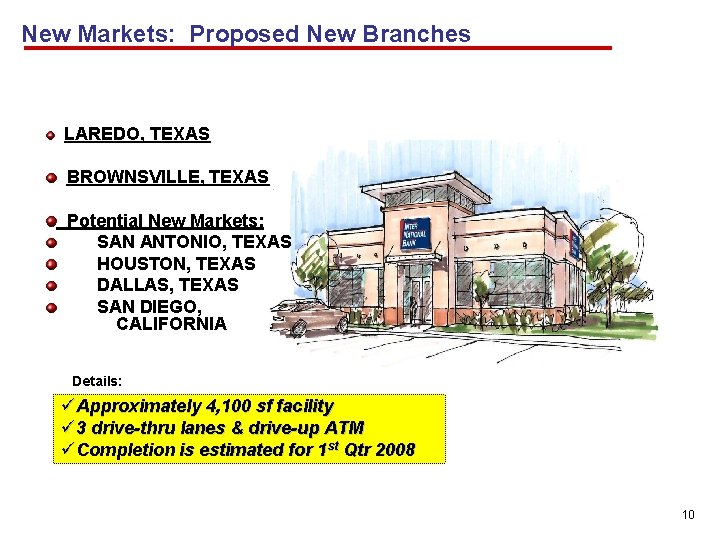 New Markets: Proposed New Branches LAREDO, TEXAS BROWNSVILLE, TEXAS Potential New Markets: SAN ANTONIO,
