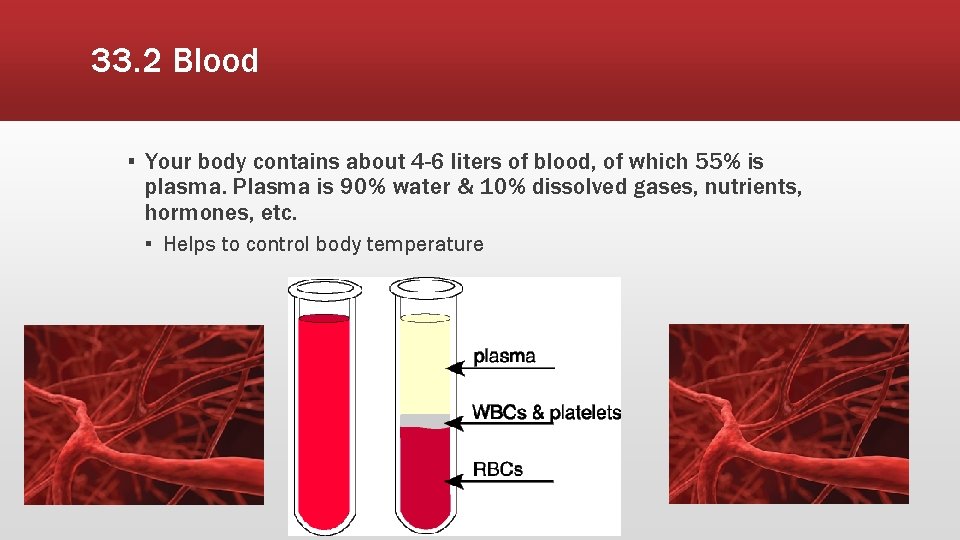 33. 2 Blood ▪ Your body contains about 4 -6 liters of blood, of