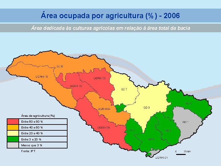 Área ocupada por agricultura (%) - 2006 Área dedicada às culturas agrícolas em relação