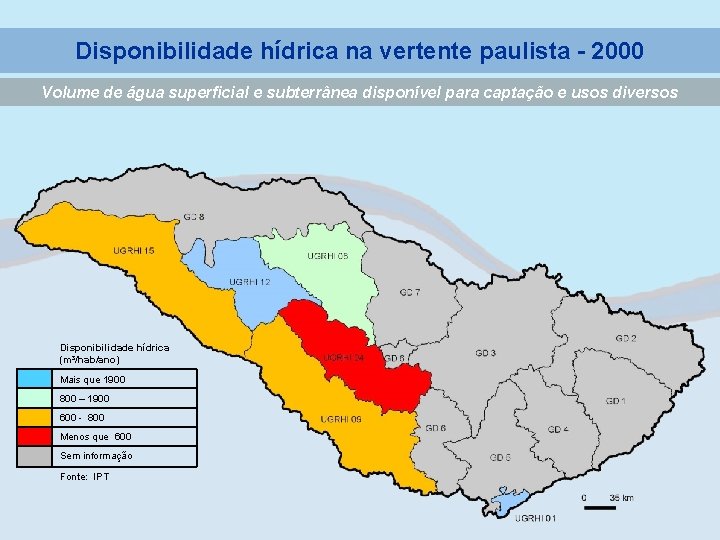 Disponibilidade hídrica na vertente paulista - 2000 Volume de água superficial e subterrânea disponível