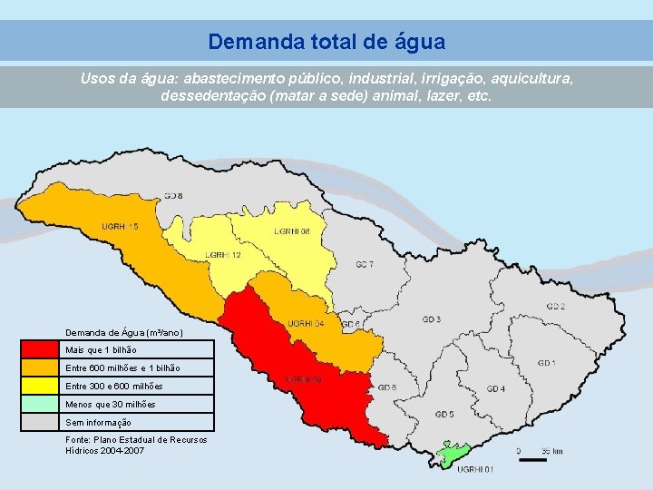 Demanda total de água Usos da água: abastecimento público, industrial, irrigação, aquicultura, dessedentação (matar