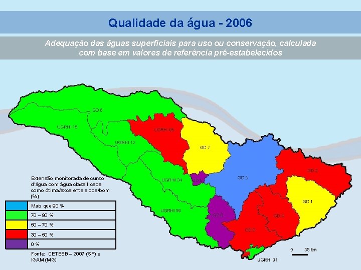 Qualidade da água - 2006 Adequação das águas superficiais para uso ou conservação, calculada