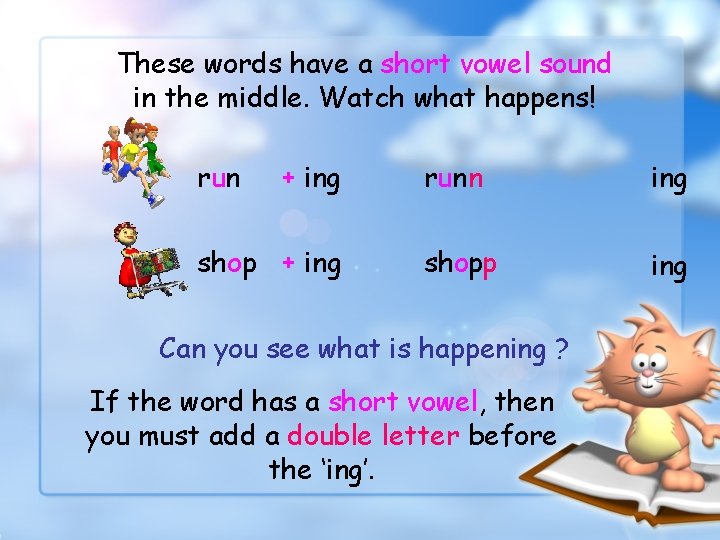 These words have a short vowel sound in the middle. Watch what happens! run