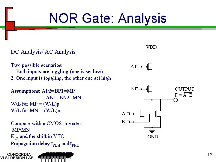 NOR Gate: Analysis DC Analysis/ AC Analysis Two possible scenarios: 1. Both inputs are NOR Gate: Analysis DC Analysis/ AC Analysis Two possible scenarios: 1. Both inputs are