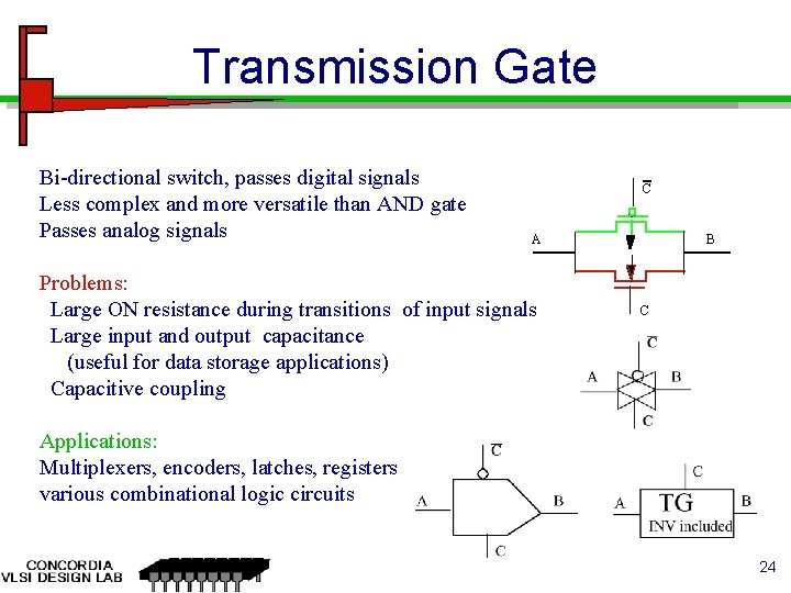 Transmission Gate Bi-directional switch, passes digital signals Less complex and more versatile than AND Transmission Gate Bi-directional switch, passes digital signals Less complex and more versatile than AND