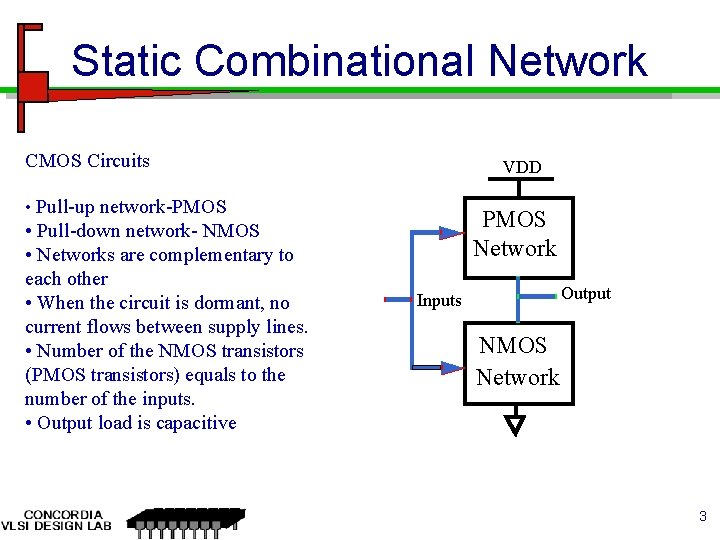 Static Combinational Network CMOS Circuits VDD • Pull-up network-PMOS • Pull-down network- NMOS • Static Combinational Network CMOS Circuits VDD • Pull-up network-PMOS • Pull-down network- NMOS •
